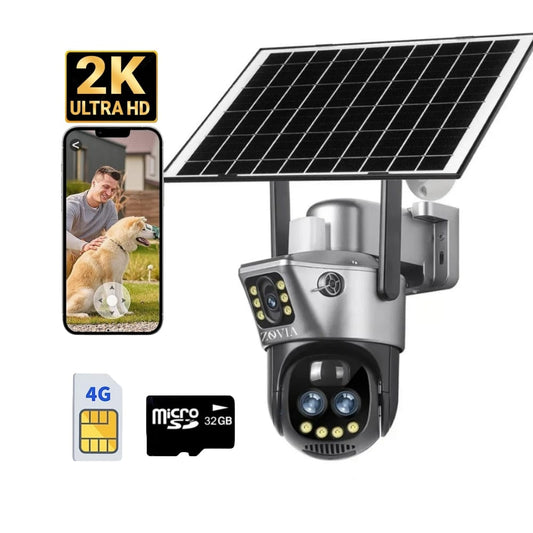 Camera de supraveghere ZOVIA montată pe perete, având un design modern, cu lentile multiple și LED-uri de iluminare pentru vedere nocturnă color